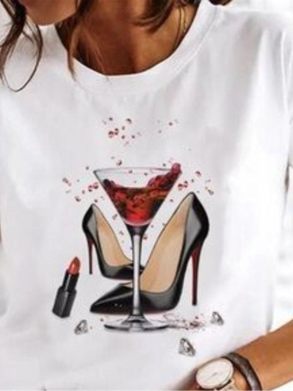 Chase Short Sleeved Tee High Heels, Lipstick, Wine Glass Women's Size XXL